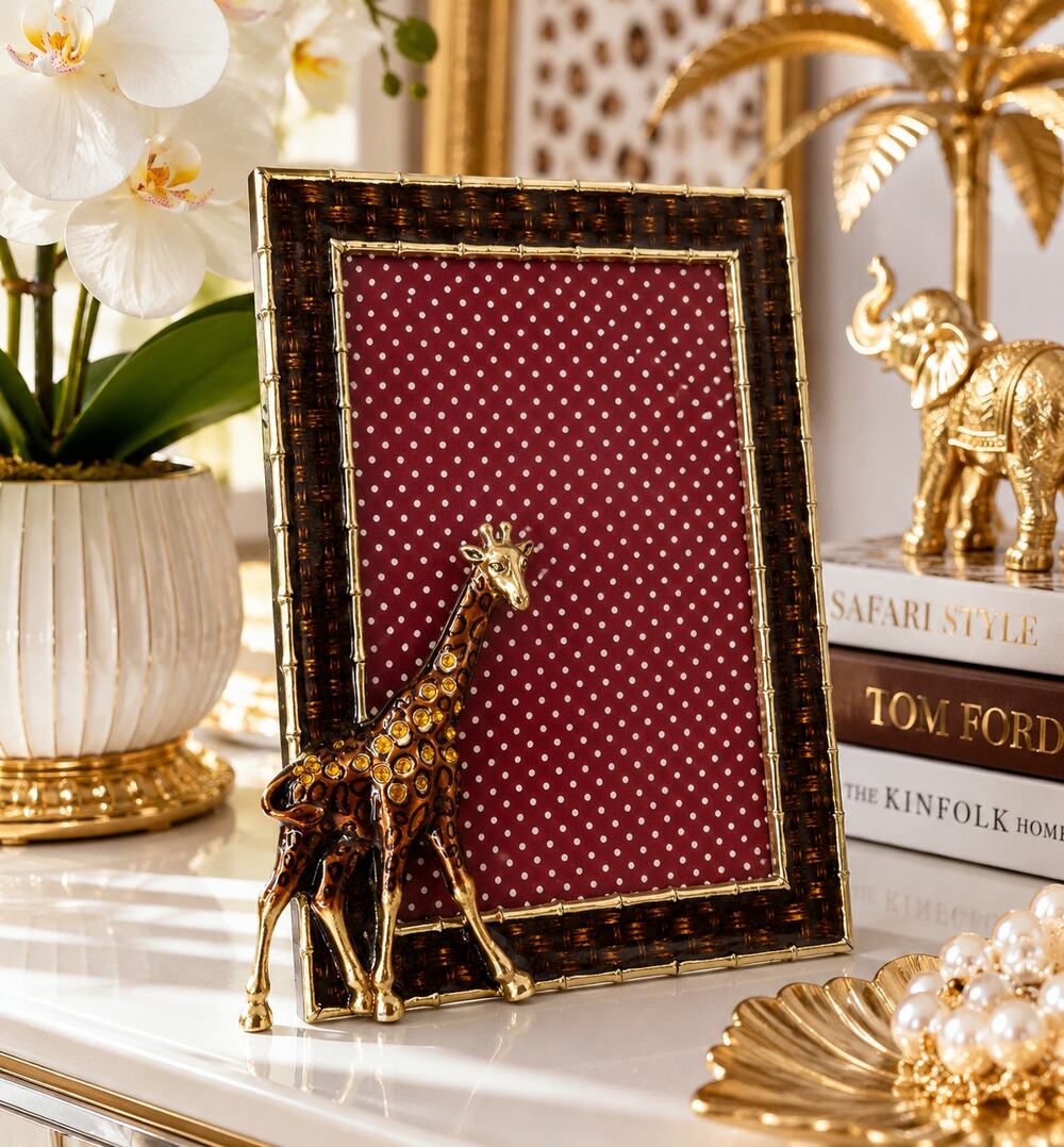 Safari Giraffe 4x6 Photo Frame Faux Bamboo Amber Crystal Glam Decor
